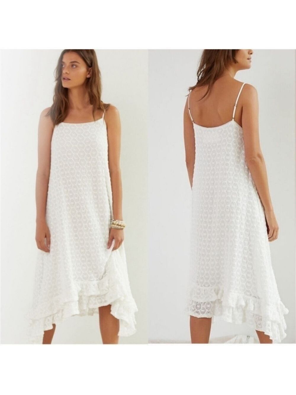 Anthropologie Bella Crochet Eyelet Lace Tiered Ruffle Dress in White